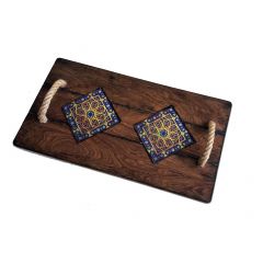 Tile Patterned Coffee Serving Tray - 35x18 - Brown Serving Sets, Wood Serving Sets