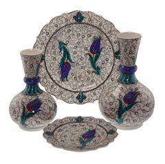 Gulf Floor Tulip Decor Gift Decorative Set Plate 18cm 30cm Iznik Teardrop Vase 20x15cm 30x20cm - 30x30 - Colorful Vases & Jars