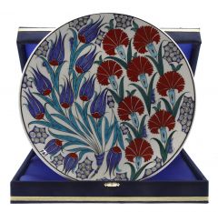 Red Carnation Blue Tulip Decorated Corporate Velvet Gift Plate - 30x30 - Colorful Plates