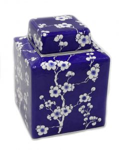 Plum Motif Hand Decorated Square Cube Lidded Jar - 20x20 - Blue Vases & Jars