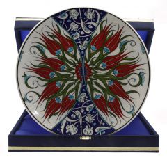 Special Design Red Tulip Decorated Corporate Velvet Gift Plate - 30x30 - Colorful Plates