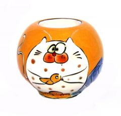 Oburix Fat Cat Porcelain Circle Candle Holder - 10x10 - Colorful CANDLE HOLDER