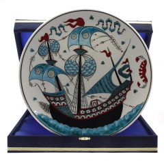 Turquoise Galleon Ship Decorated Corporate Velvet Boxed Gift Plate - 30x30 - Colorful Plates