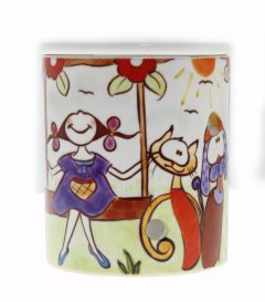 Porcelain The Girl and Cats Censer, Oil Burner - 9x9 - Colorful Candle Centerpieces, Porcelain Candle Centerpieces | Loftry