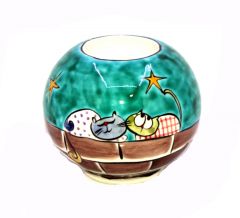 Turquoise Floor Night Cats Porcelain Circle Candle Holder - 10x10 - Colorful CANDLE HOLDER