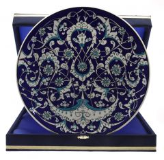 Blue Background Baba Nakkaş Decorated Corporate Gift Plate with Velvet Box - 30x30 - Blue Plates