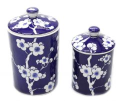 2 Pcs Decorative Flower Decorated Storage Jar - 10x10 - Blue Vases & Jars