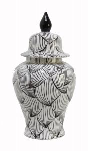 Leaf Decorated Decorative Shah Vase - 20x20 - Black & White Vases & Jars