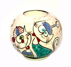 Red Ribbon Funnel Head Cat Porcelain Circle Candle Holder - 10x10 - Colorful CANDLE HOLDER