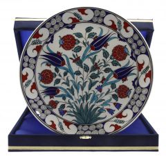 Flos Granati And Blue Tulip Decorated Corporate Velvet Boxed Gift Plate - 30x30 - Colorful Plates