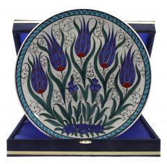 Special Design Blue Tulip Decorated Corporate Velvet Gift Plate - 30x30 - Blue Plates