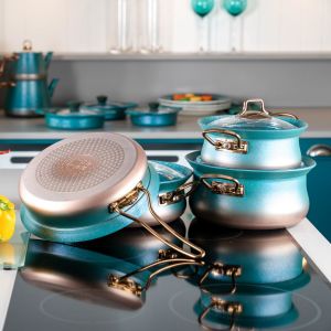 7 Pieces Granite Cookware Set - Ocean Blue & Copper - 24x24 - Blue PANS &  SKILLETS, Granite PANS