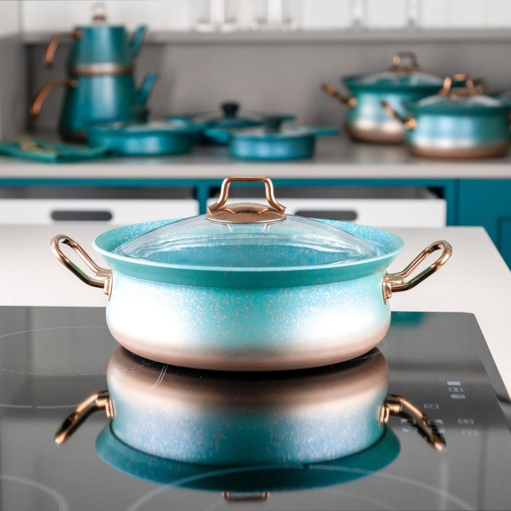 7 Pieces Granite Cookware Set - Ocean Blue & Copper - 24x24 - Blue