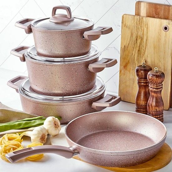 SET OF 9 Karaca Non-Stick Cookware Set(Fry Pans,Stockpots,Utensils Set)Rose  Gold