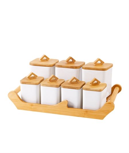 5 in 1 Ceramic Condiment Jar Set, Seasoning Box Condiment Pots, Spice Jars  Container for Sugar/Salt/Pepper with Bamboo Lids Wooden Tray for Kitchen